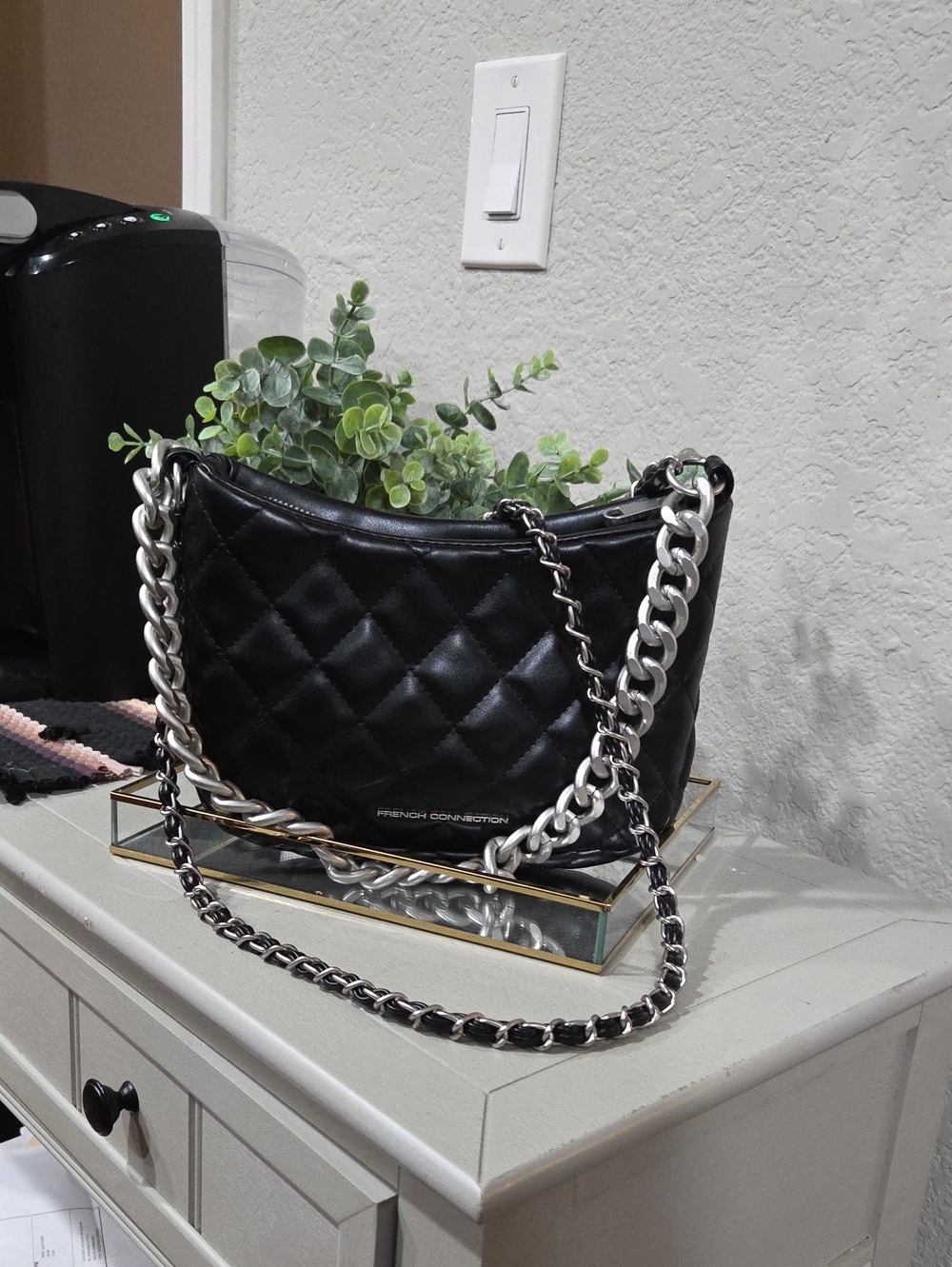 Faux leather crossbody bag, French Connection, black with silver chain strap